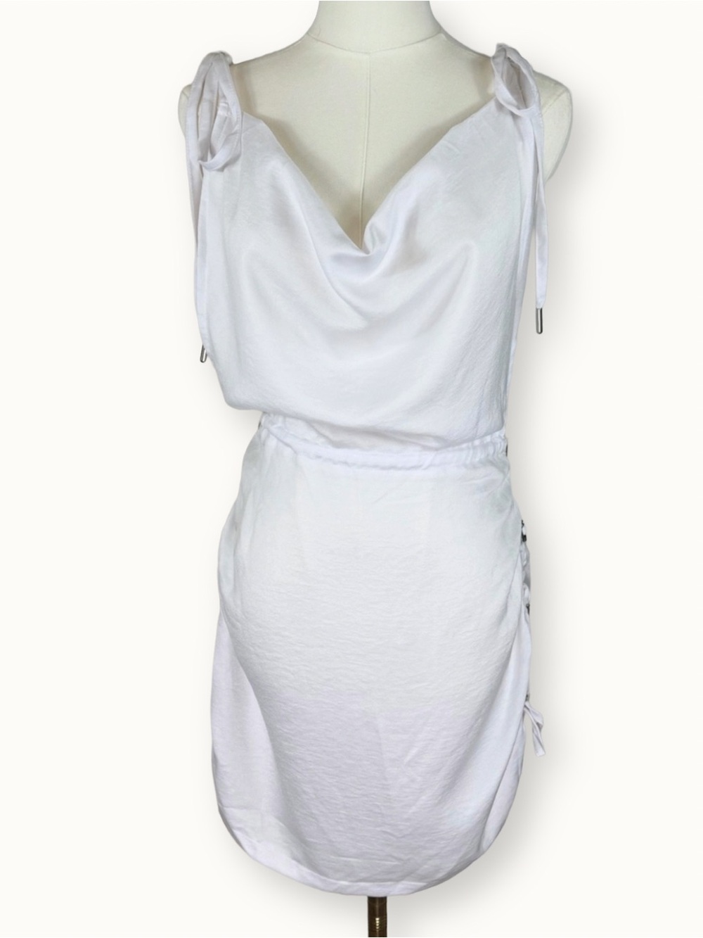 NWT Manière De Voir White Satin Ruched Cowl Neck Mini Dress size 6